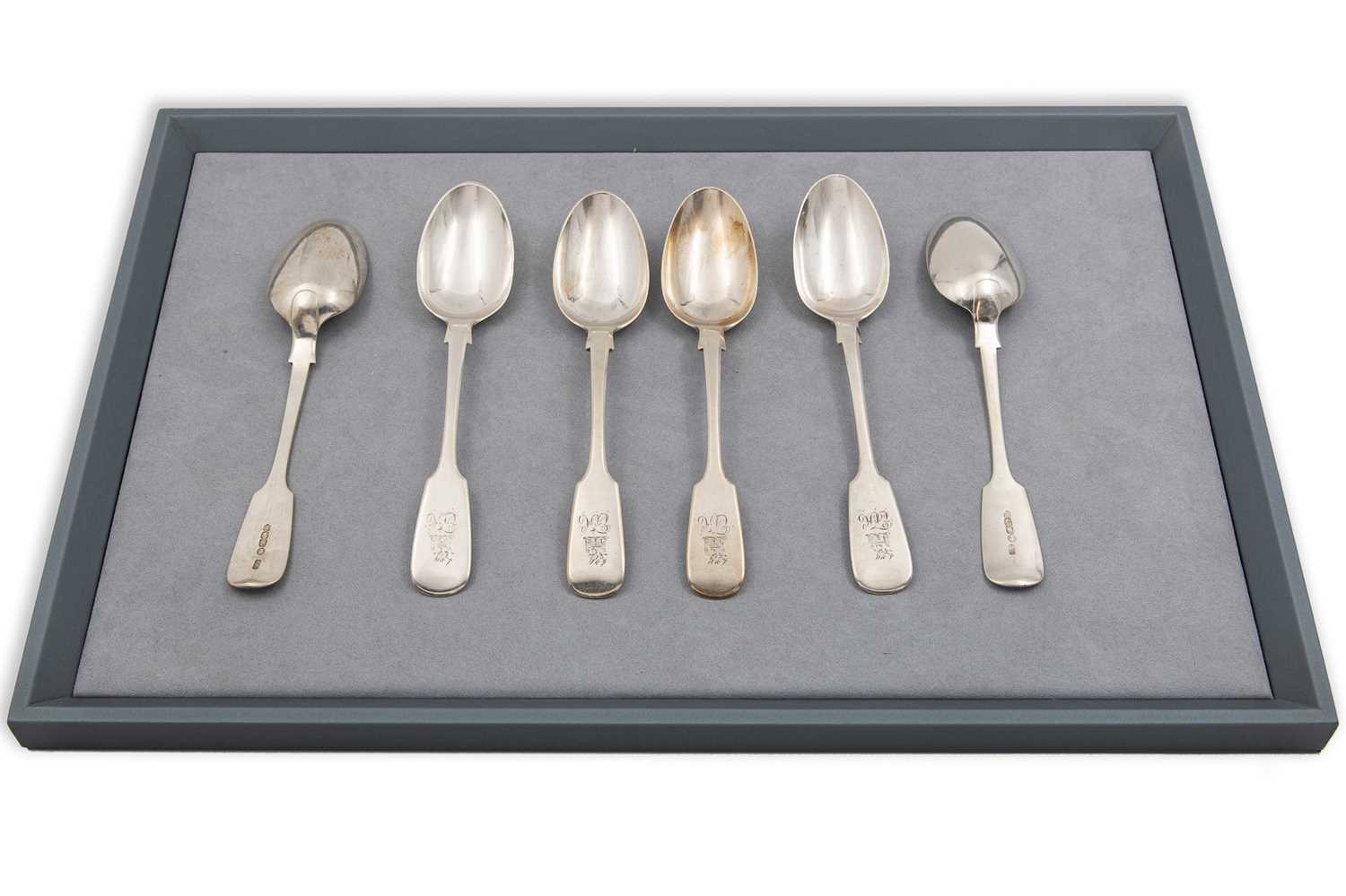 Lot 466 - A SET OF SIX VICTORIAN IRISH SILVER FIDDLE...