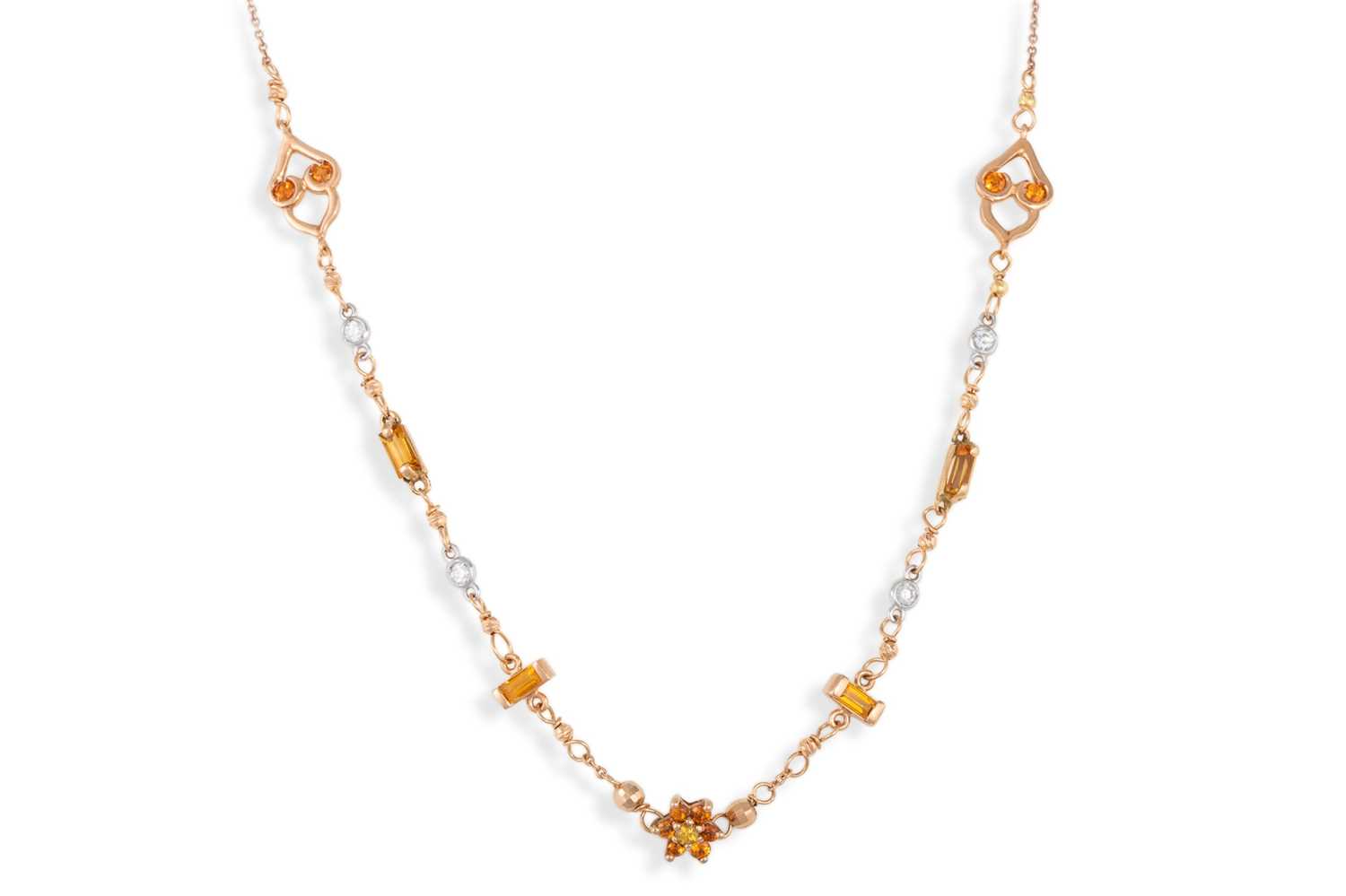 Lot 53 - A CITRINE AND YELLOW DIAMOND NECKLACE, to an...