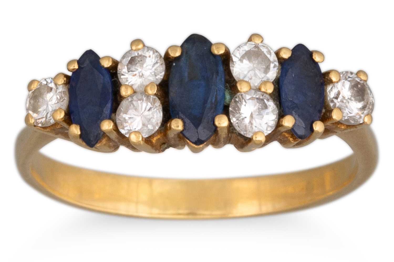 Lot 191 - A SAPPHIRE AND DIAMOND RING, the marquise cut...