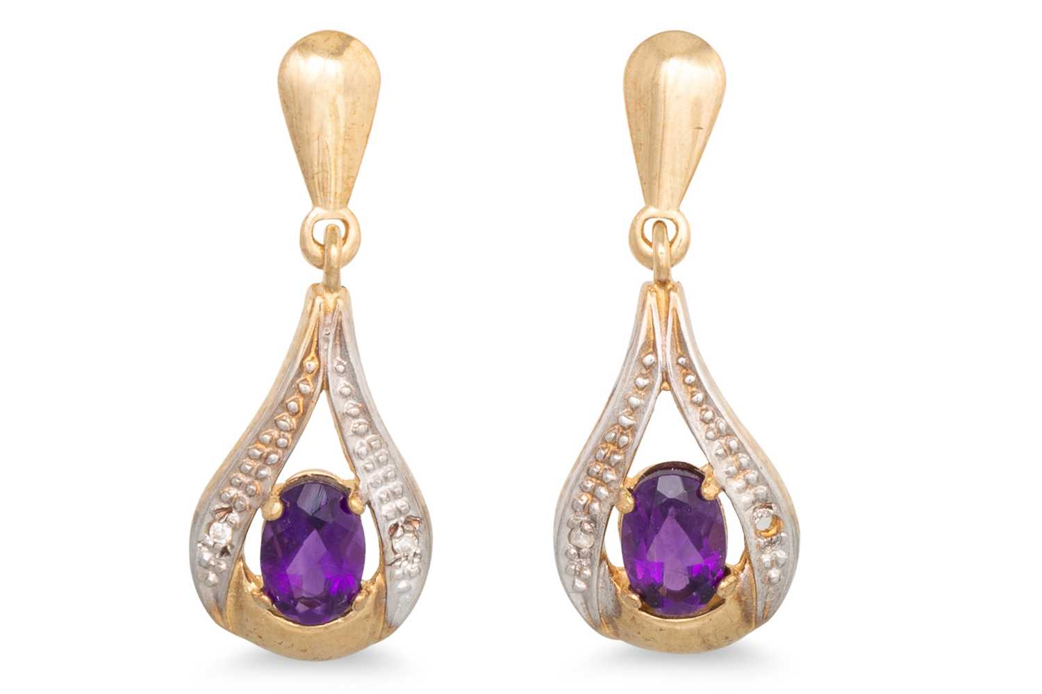 Lot 55 - A PAIR OF AMETHYST AND GOLD DROP EARRINGS, the...