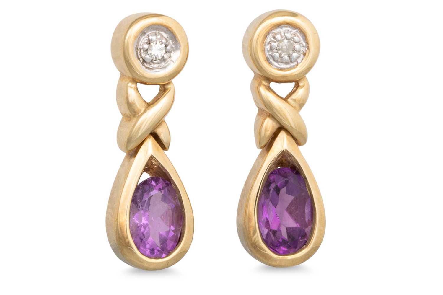 Lot 61 - A PAIR OF DIAMOND AND AMETHYST EARRINGS, the...