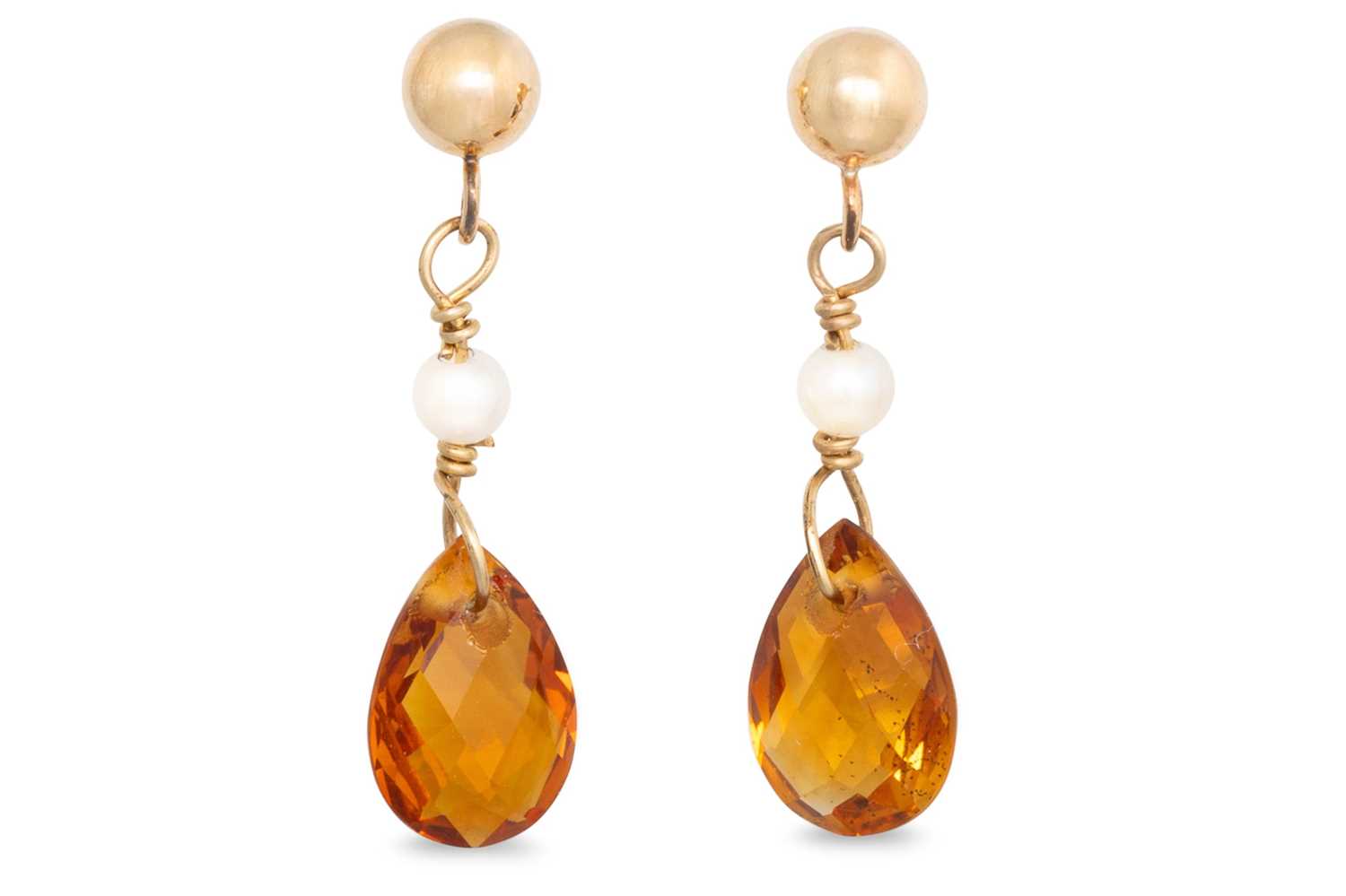 Lot 77 - A PAIR OF CITRINE AND PEARL DROP EARRINGS,...