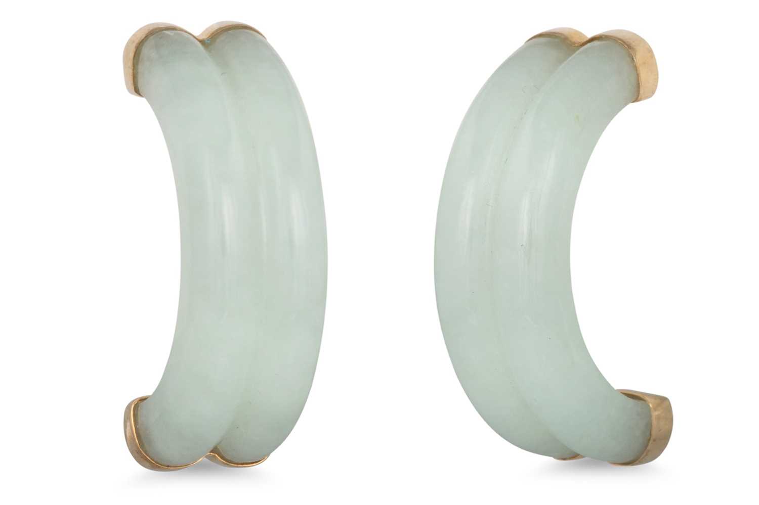 Lot 84 - A PAIR OF JADE HALF HOOP EARRINGS, mounted in...
