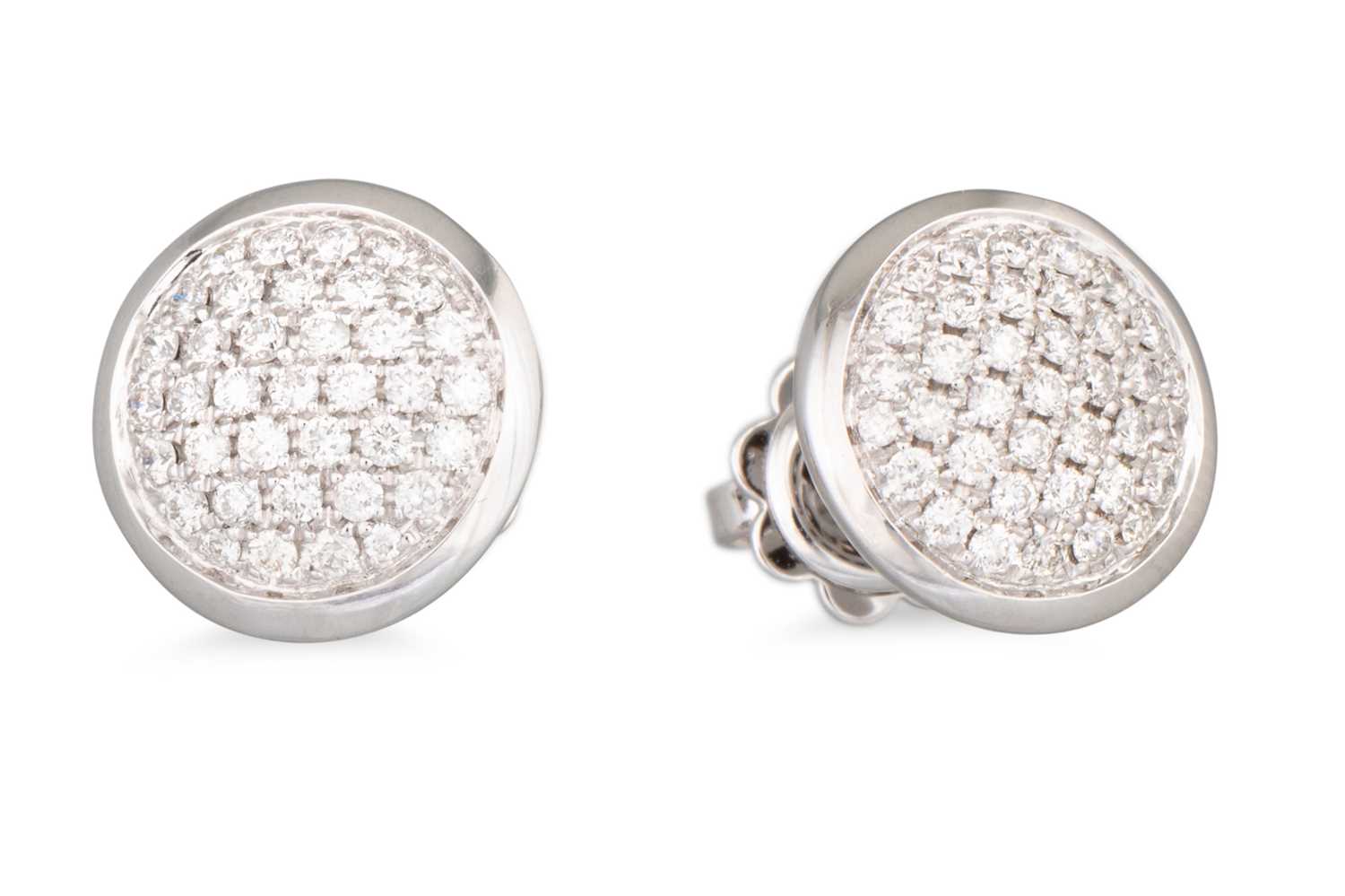 Lot 71 - A PAIR OF PAVÉ SET DIAMOND EARRINGS, circular...