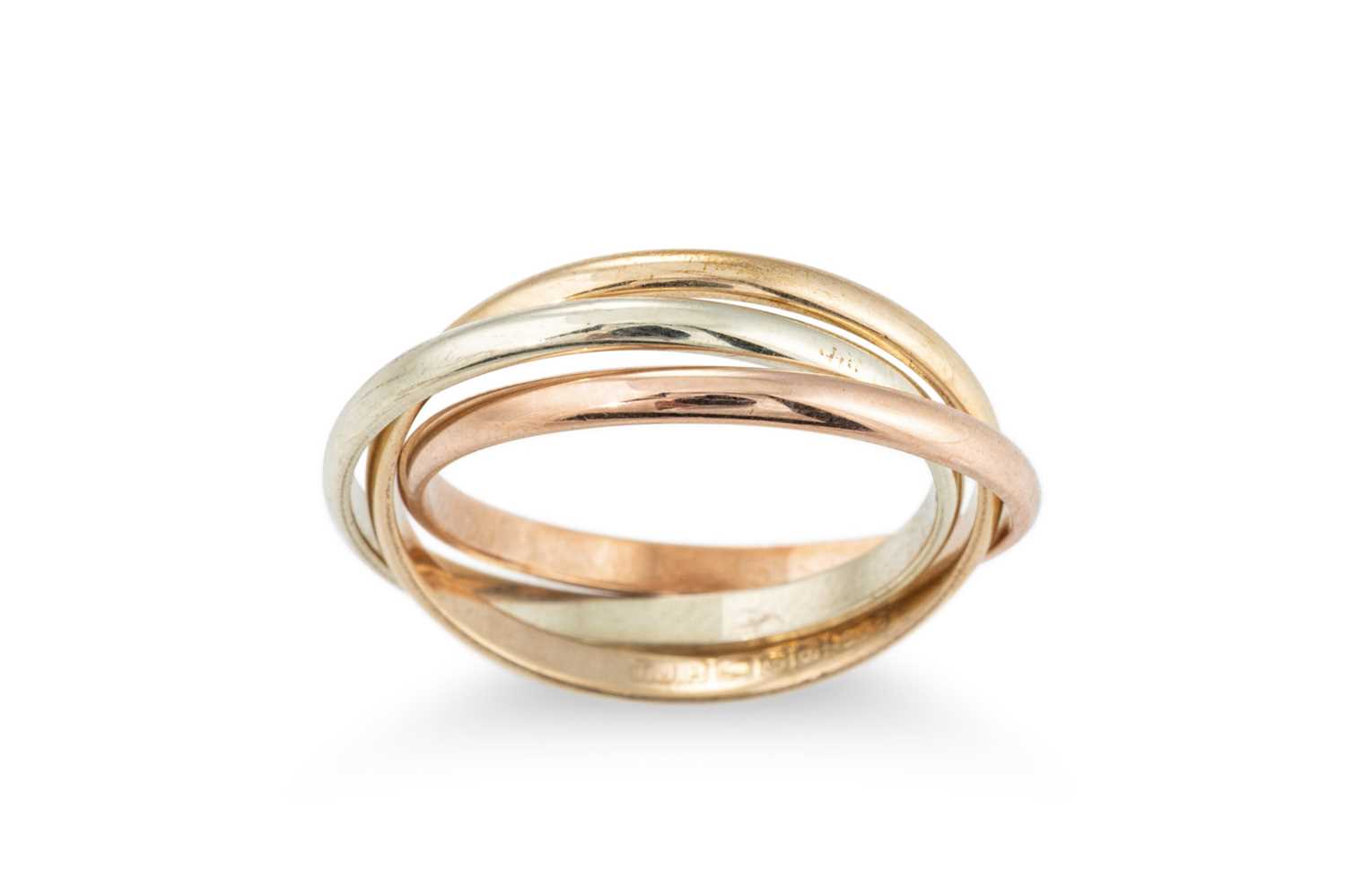Lot 124 - A THREE COLOUR GOLD WEDDING BAND, of three...