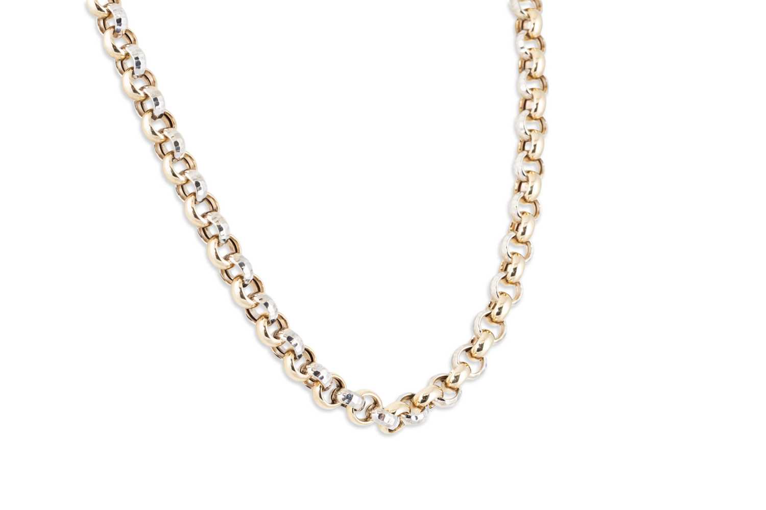 Lot 127 - A 9CT YELLOW & WHITE GOLD CHAIN, belcher link,...