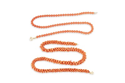 Lot 117 - TWO VINTAGE CORAL BEADED NECKLACES, with gold...