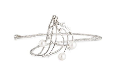 Lot 243 - A CULTURED PEARL AND DIAMOND SET SPRAY PENDANT,...