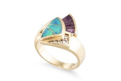 Lot 223 - A DIAMOND, OPAL AND AMETHYST SET DRESS RING,...