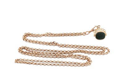 Lot 259 - A 9CT YELLOW GOLD MUFF CHAIN, suspending...