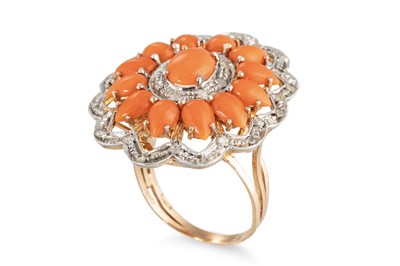 Lot 196 - A CORAL AND DIAMOND SET CLUSTER RING, the...