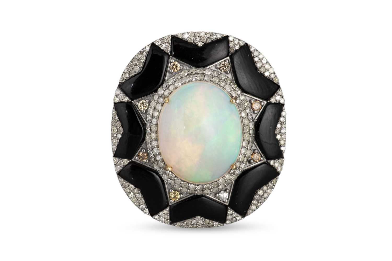 Lot 135 - AN OPAL, DIAMOND AND ONYX BROOCH, of cluster...