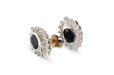 Lot 108 - A PAIR OF WHITE GOLD DIAMOND & SAPPHIRE...