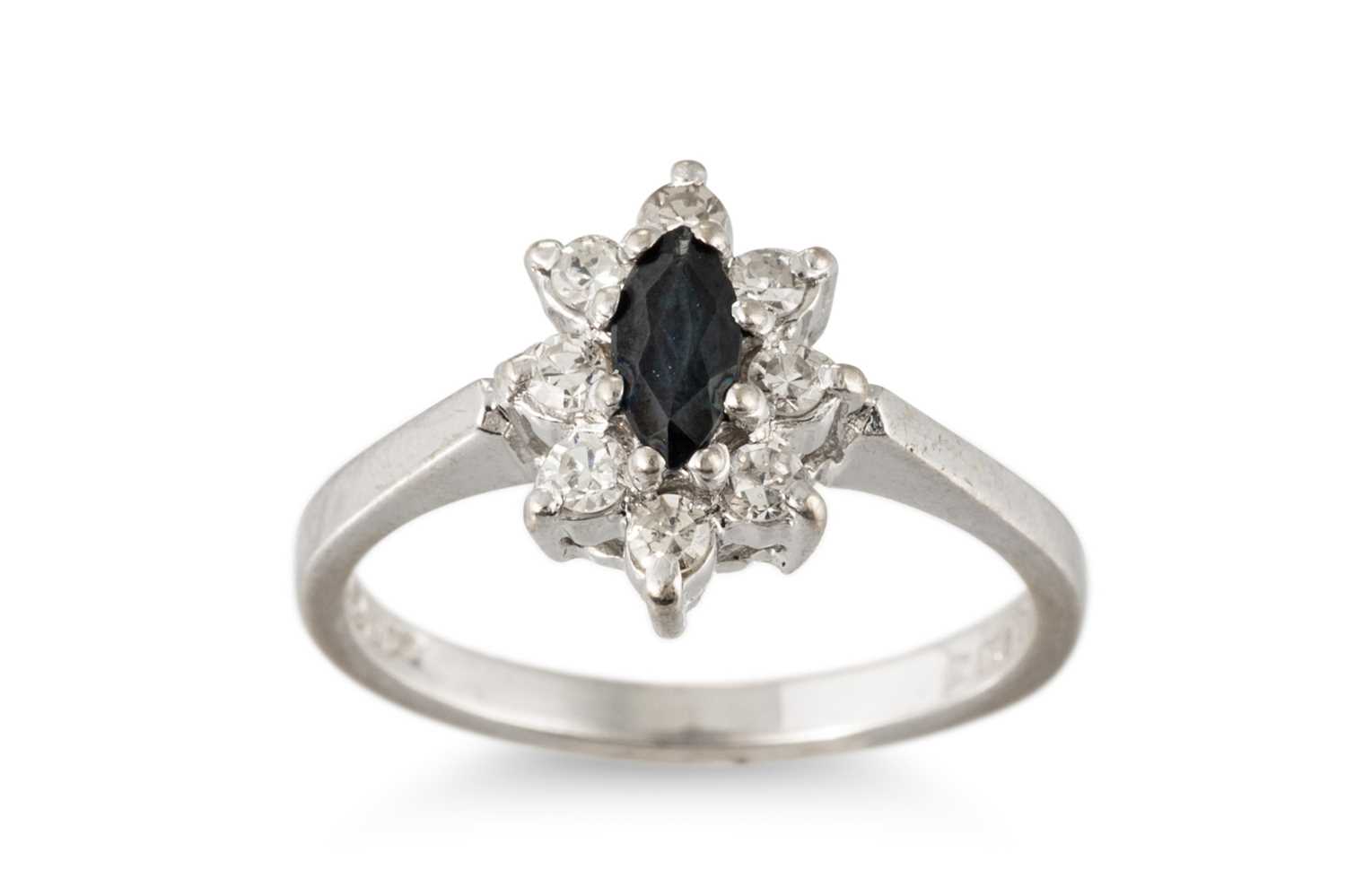 Lot 112 - A DIAMOND AND SAPPHIRE CLUSTER RING, the...