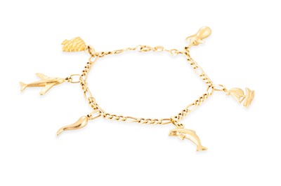 Lot 34 - AN 18CT YELLOW GOLD CHARM BRACELET, 6 charms...