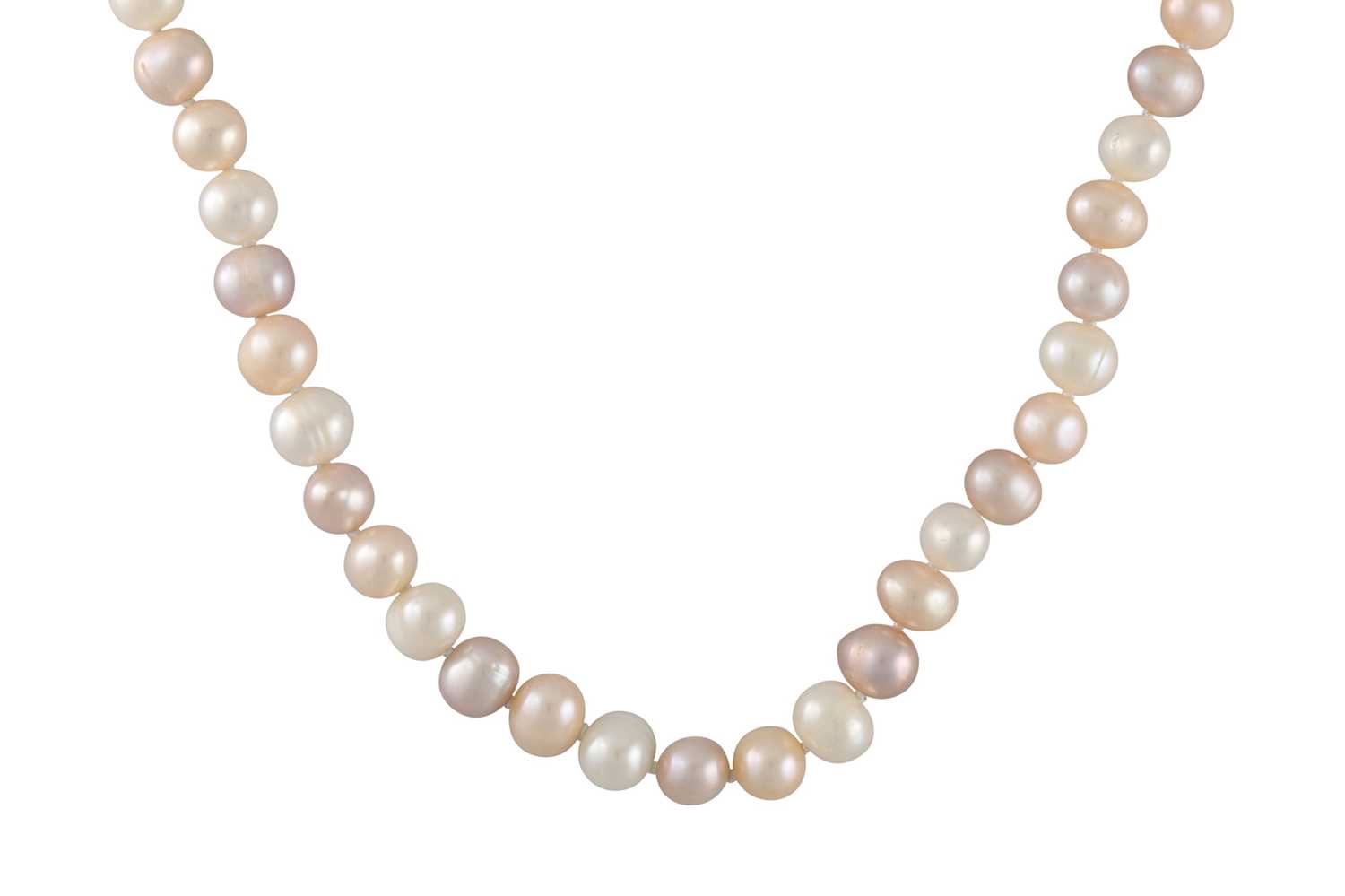 Lot 24 - A CULTURED PEARL NECKLACE, pink tones, yellow...
