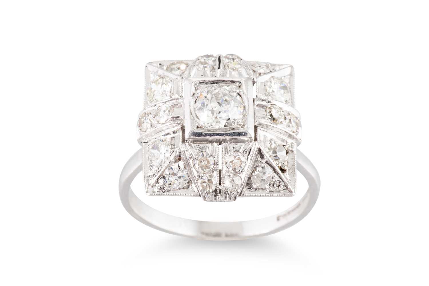 Lot 64 - AN ART DECO DIAMOND CLUSTER RING, of square...