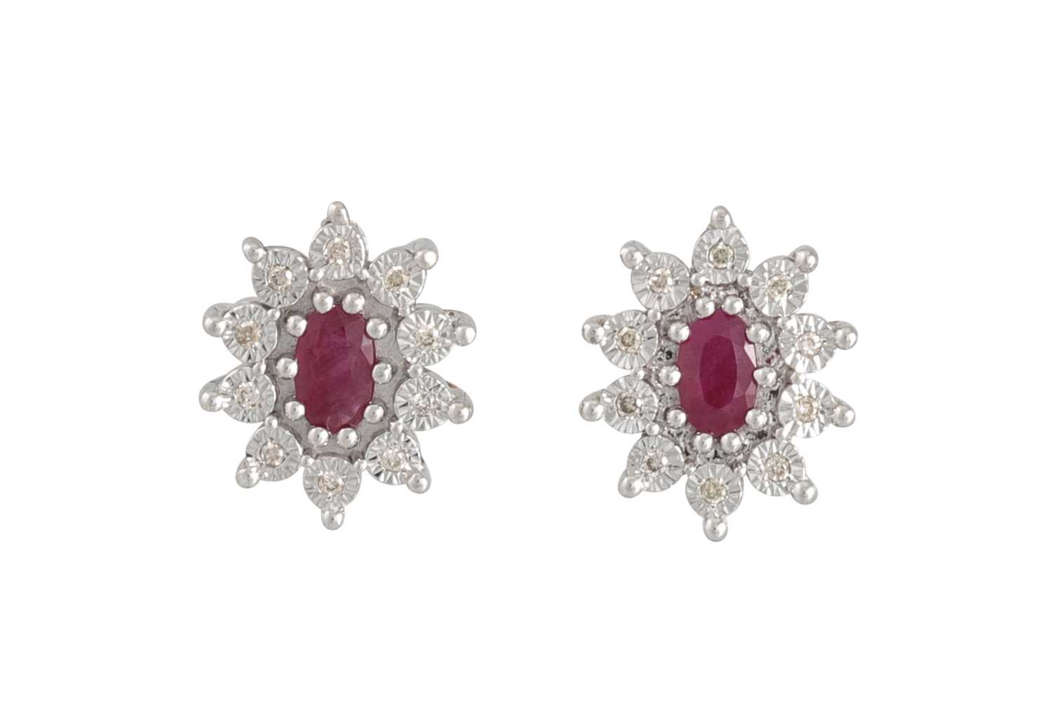 Lot 27 - A PAIR OF DIAMOND AND RUBY CLUSTER EARRINGS,...
