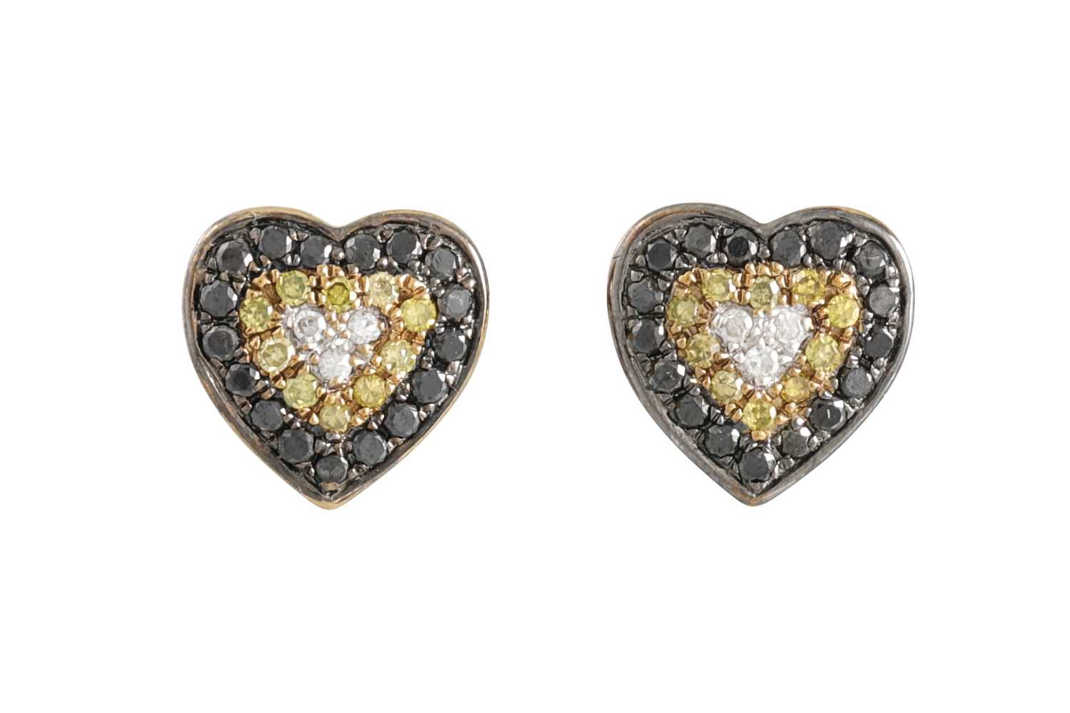 Lot 48 - A PAIR OF THREE COLOUR DIAMOND EARRINGS, heart...