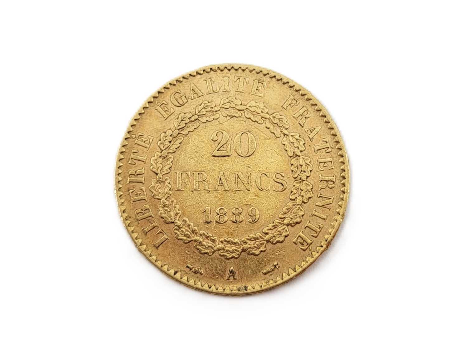 Lot 471 - A 1889 FRENCH 20 FRANC GOLD COIN, 0.90, 6.7 g., F