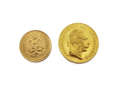 Lot 474 - AN AUSTRIAN GOLD COIN, 1915, 0.90, together...