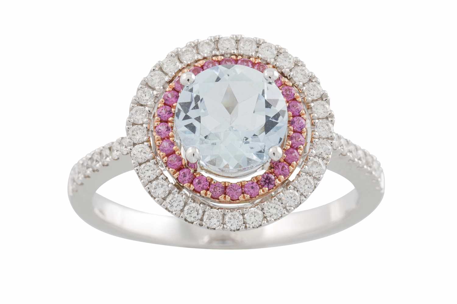 Lot 66 - A DIAMOND, RUBY AND AQUAMARINE TARGET RING,...