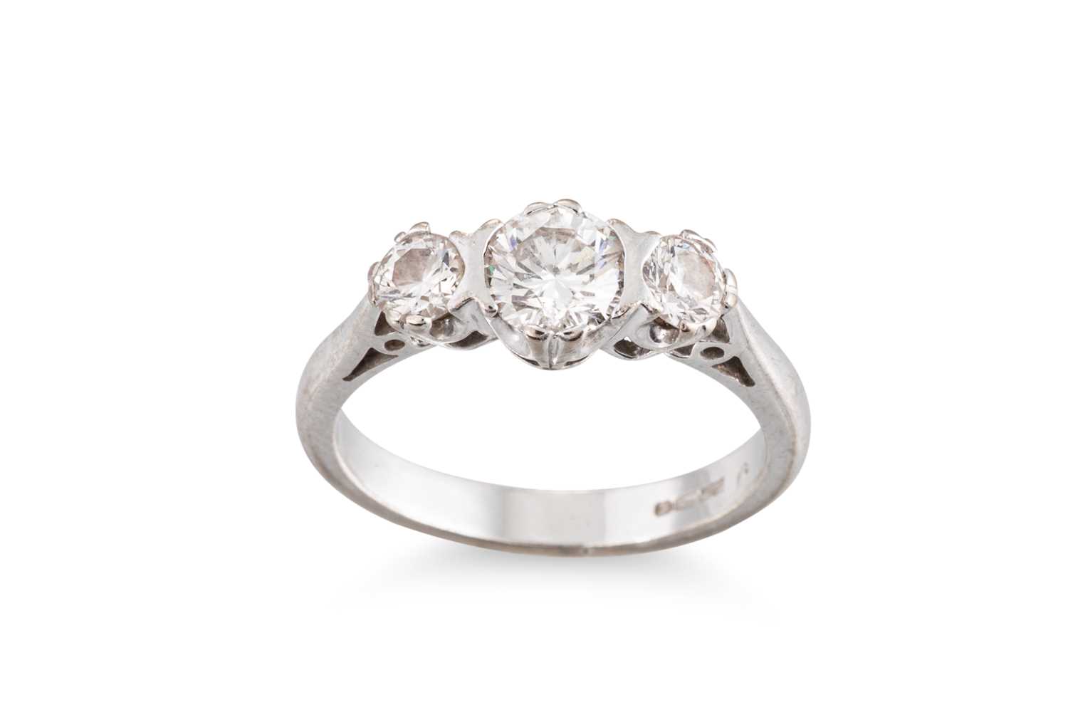 Lot 91 - A THREE-STONE DIAMOND RING, the round...