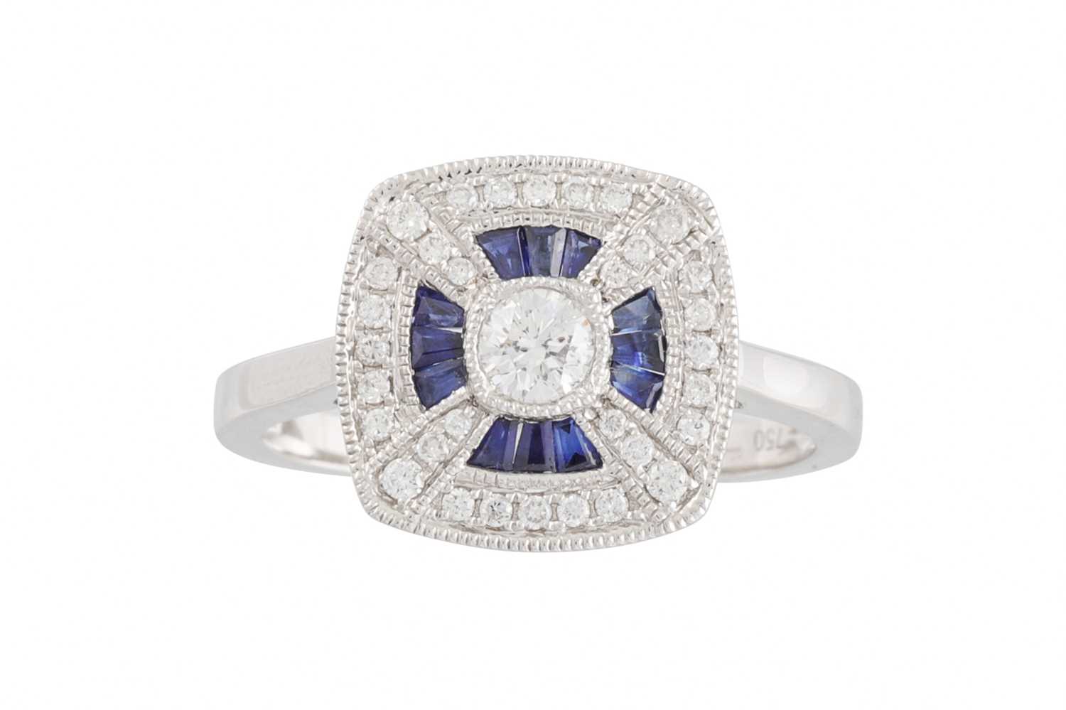 Lot 69 - A DIAMOND AND SAPPHIRE RING, of square plaque...