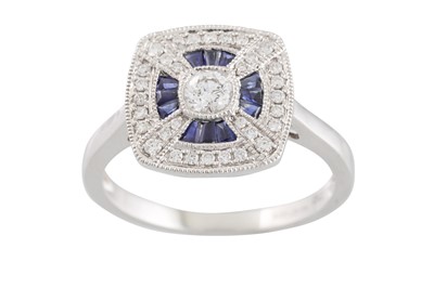 Lot 69 - A DIAMOND AND SAPPHIRE RING, of square plaque...