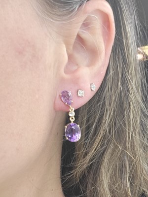 Lot 289 - A PAIR OF AMETHYST AND DIAMOND DROP EARRINGS,...