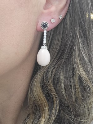 Lot 290 - A PAIR OF ONYX, DIAMOND AND CORAL DROP...