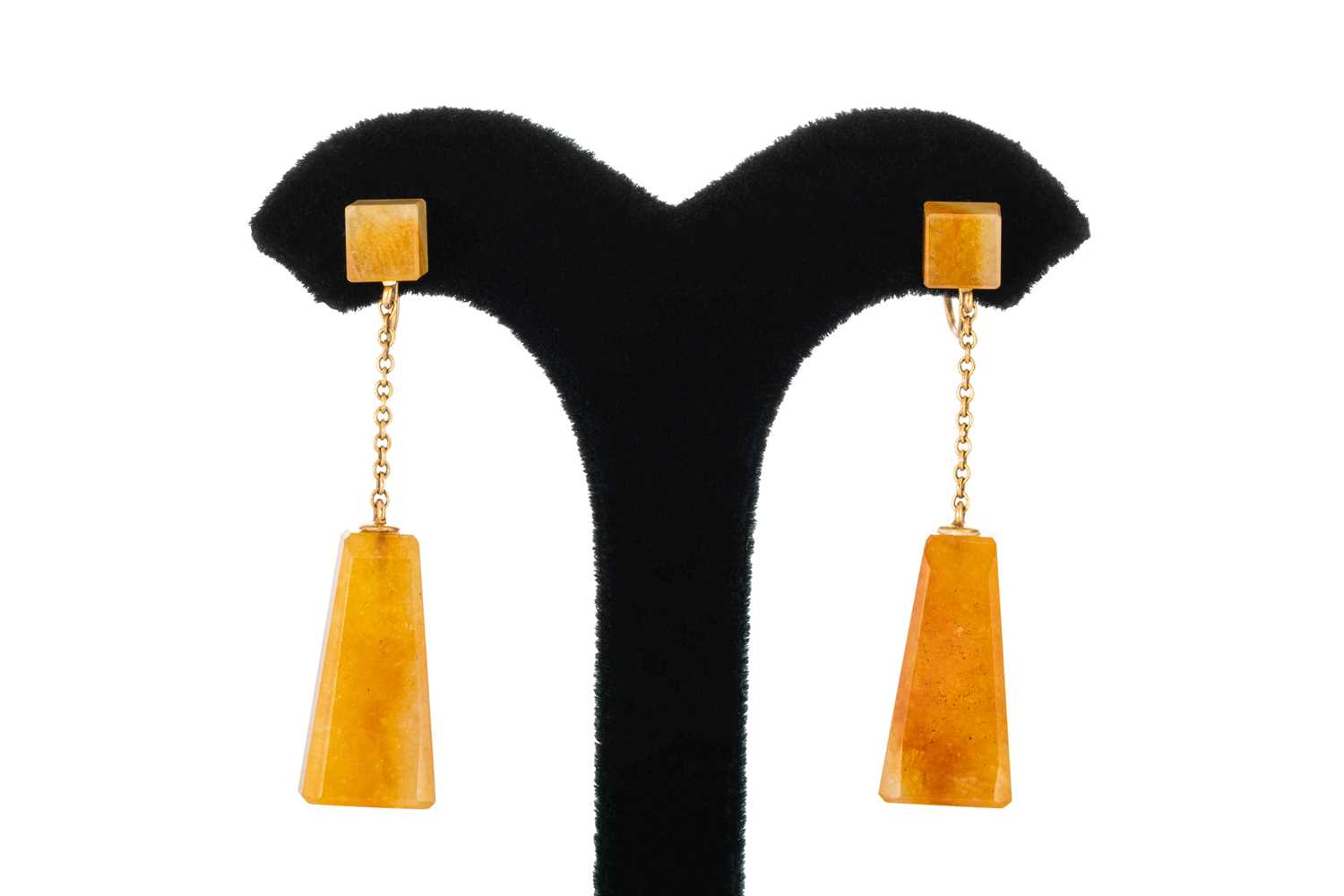 Lot 82 - A PAIR OF JADE DROP EARRINGS, the 'orange jade'...