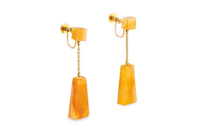 Lot 82 - A PAIR OF JADE DROP EARRINGS, the 'orange jade'...
