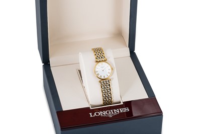 Lot 396 - A LADY'S LONGINES WRISTWATCH, white dial with...