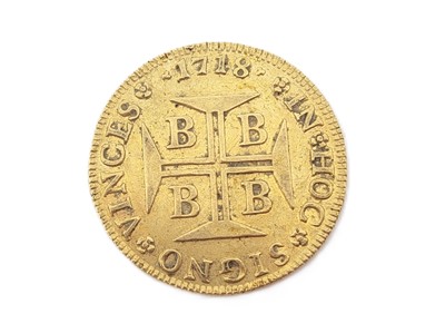 Lot 394 - A 1718 4000 REIS BRAZILIAN GOLD COIN, 10.7 g....