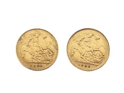 Lot 390 - TWO EDWARDIAN 22CT GOLD HALF SOVEREIGN ENGLISH...