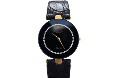 Lot 345 - A RAYMOND WEIL WRIST WATCH, black face with...
