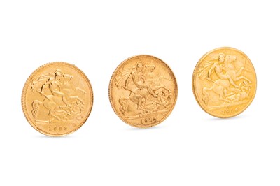 Lot 430 - 3 X HALF GOLD SOVEREIGN ENGLISH COINS, EF 1912,...