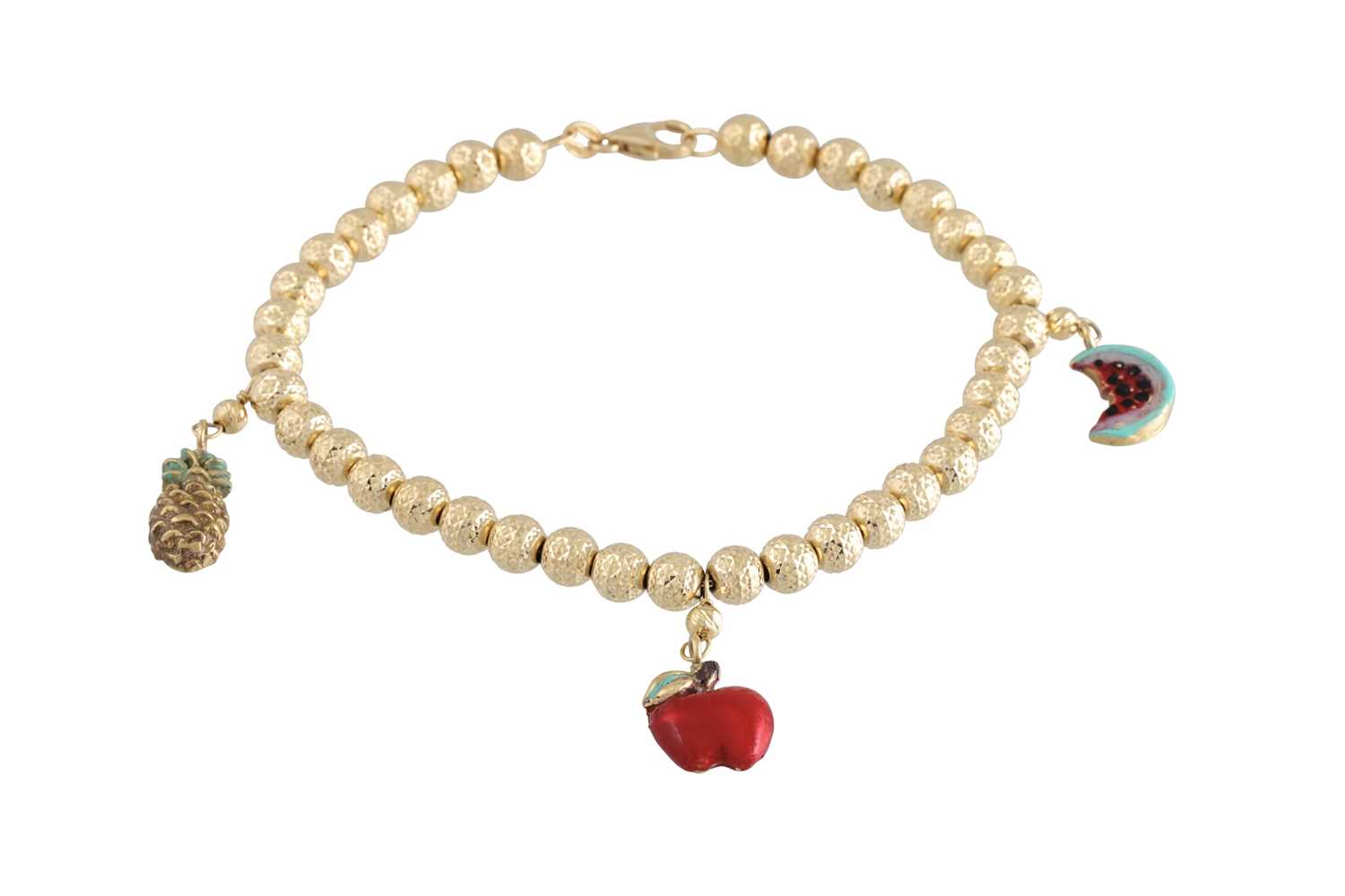 Lot 267 - A GOLD BEADED BRACELET, suspending enameled...