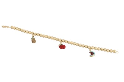 Lot 267 - A GOLD BEADED BRACELET, suspending enameled...