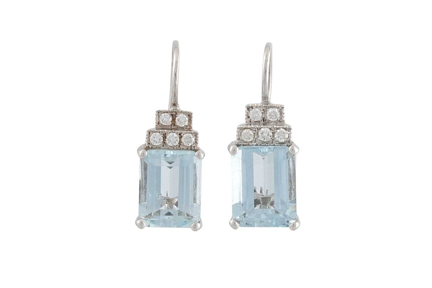 Lot 285 - A PAIR OF AQUAMARINE AND DIAMOND EARRINGS, set...