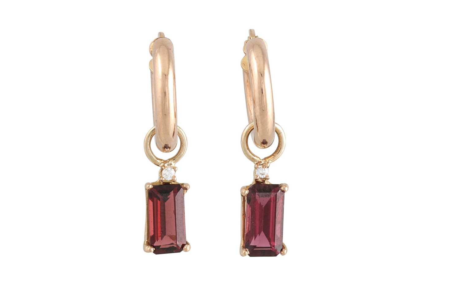 Lot 290 - A PAIR OF 18CT GOLD HOOP EARRINGS, suspending...