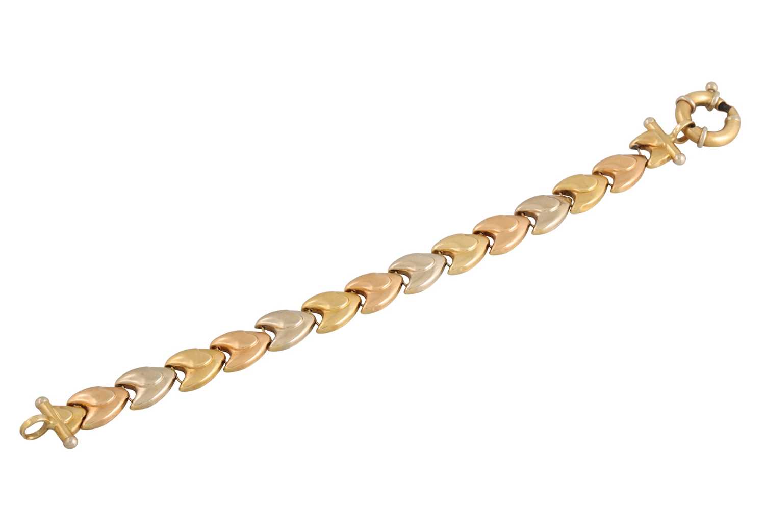 Lot 347 - AN 18CT THREE COLOUR GOLD BRACELET, heart...