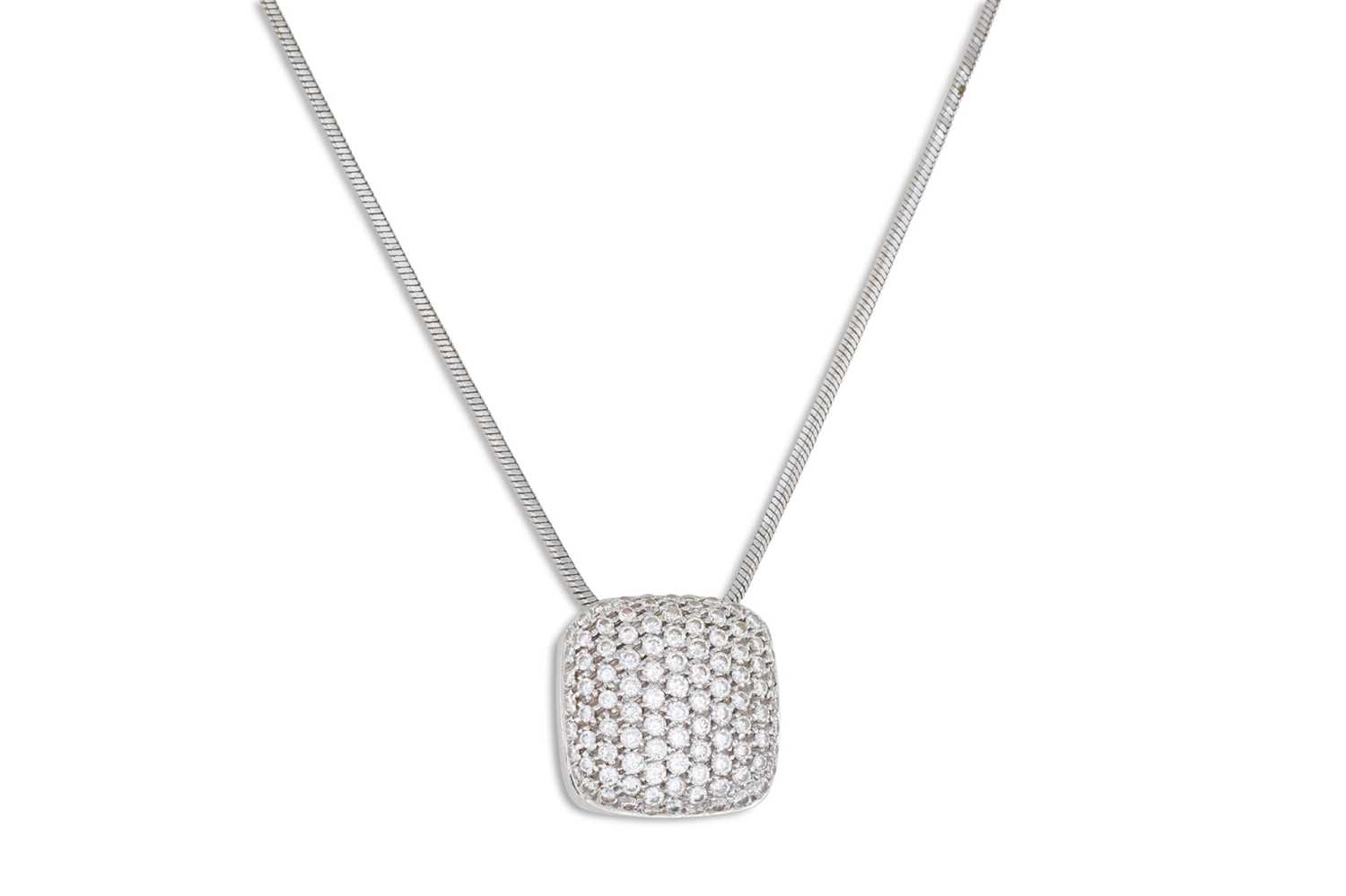 Lot 135 - A DIAMOND PAVÉ SET CUSHION SHAPED PENDANT, to...